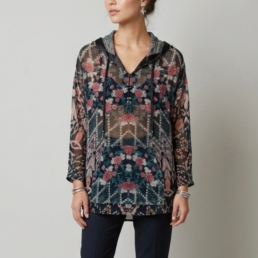 Johnny Was Pete & Greta Marami Burnout Velvet Tunic Hoodie Floral Size Small